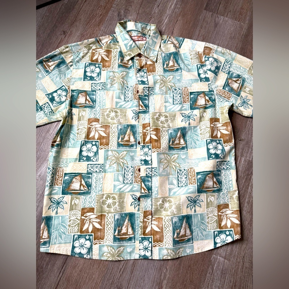 VTG Paradise Blue Hawaiian Shirt Short Sleeve Button Up Blue Brown Beige Size XL